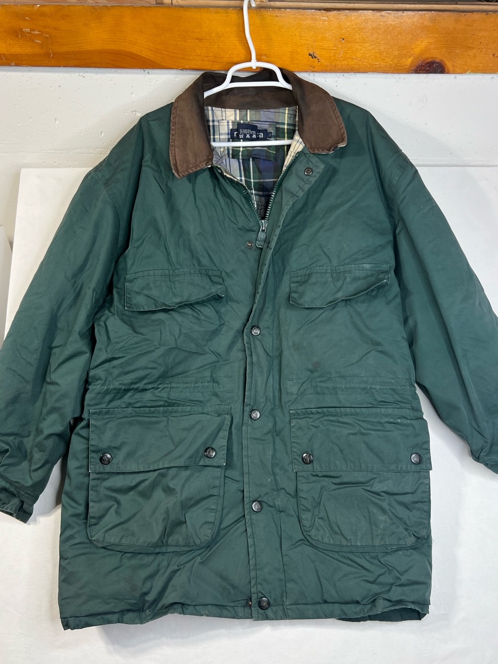 Vintage Nautica Mens Duck Down Filled Parka Jacket Green Cotton Plaid Lined